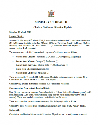 Zambia Cholera Outbreak Situation Update 10 March 2018